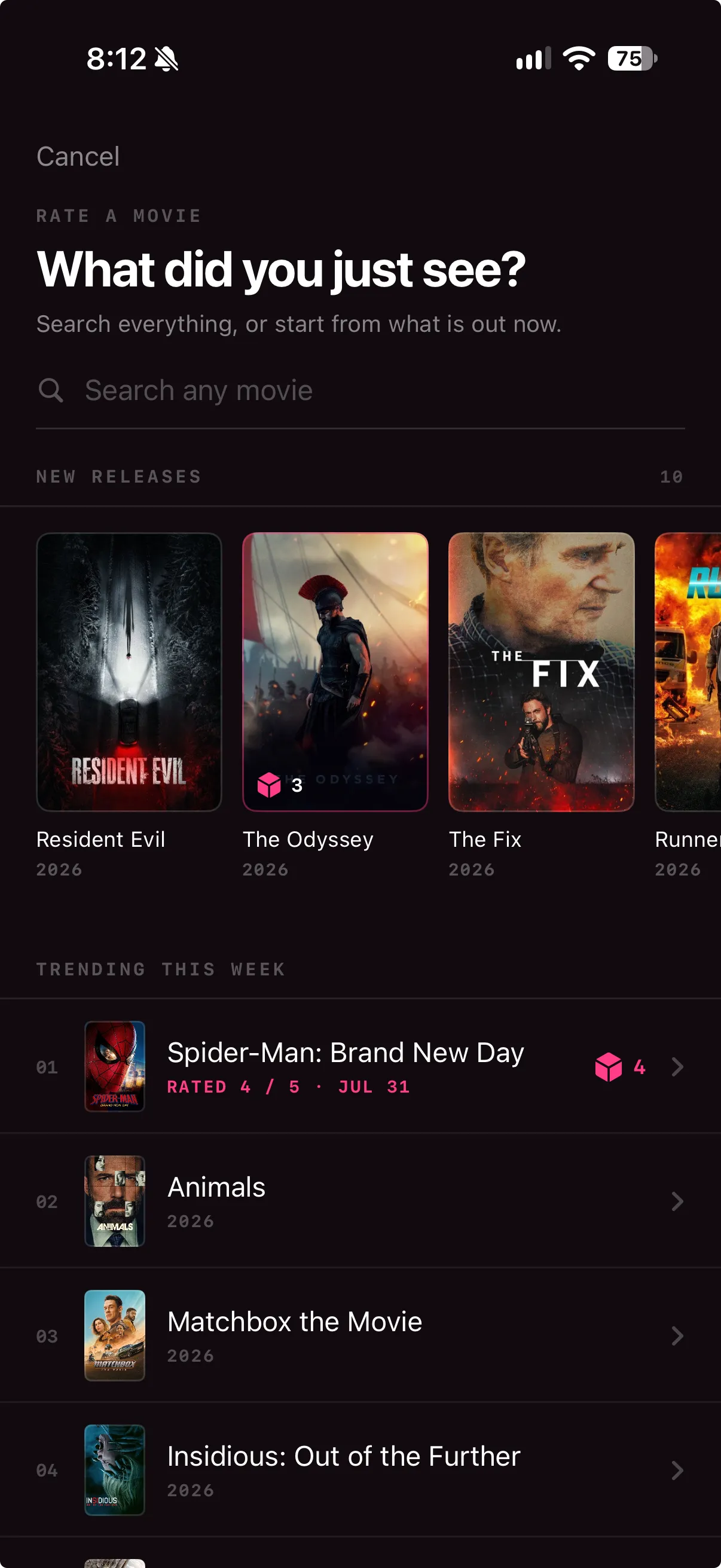 The search screen, asking “What did you just see?” above new releases and this week’s trending movies.
