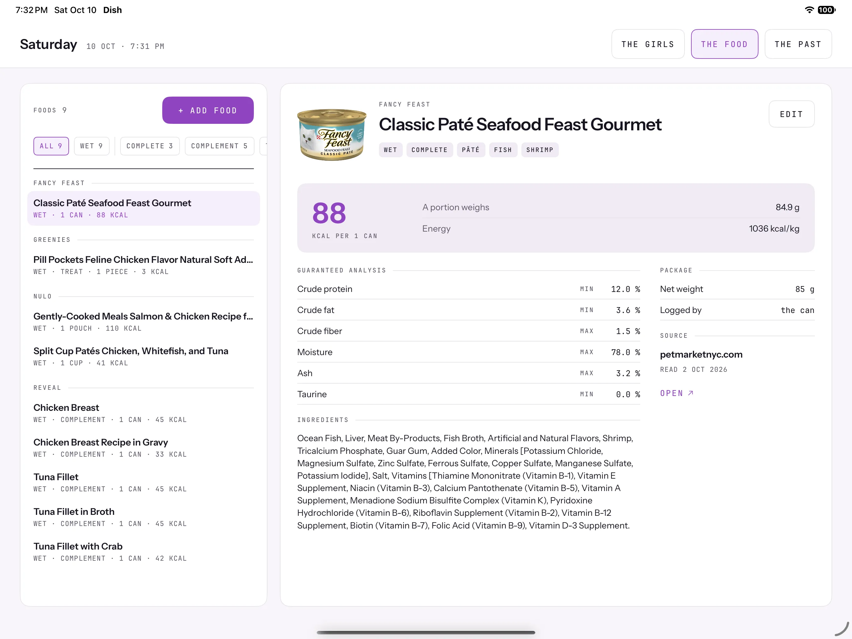The food screen. A list of nine foods grouped by brand on the left. On the right, Classic Paté Seafood Feast at 88 calories per can, with its guaranteed analysis, package weight, and full ingredient list.